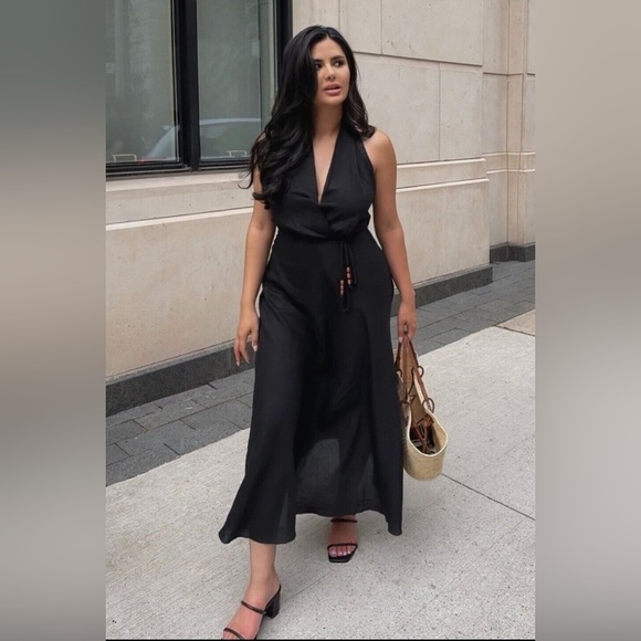 Zara Black Linen Blend Midi Halter Dress (Size Small) - Picture 2 of 6